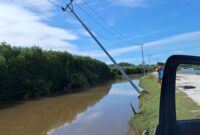 Tiang Listrik PLN yang hampir tumbang di Kuala Baru
(Foto Dok PLN Singkil)