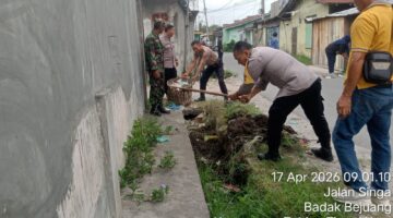 Polsek Rambutan dan Forkopimcam Laksanakan Gotong Royong Di Kampung Semut